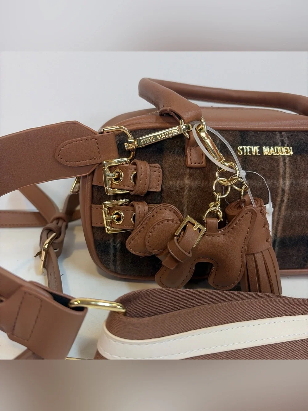 Steve Madden Brown Plaid Blennix Nutshell Crossbody Bag Tassel Dog Charm Fall